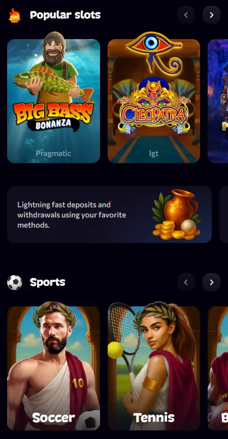 Mobile Dark interface, popular games and bonuses on the go